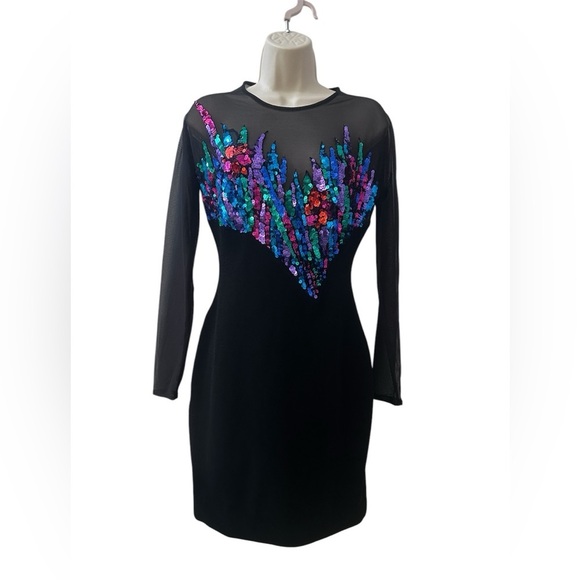 Tadashi Vintage 80’s Party Glam Women’s Small Black Sequin Mesh Dress - Picture 2 of 15